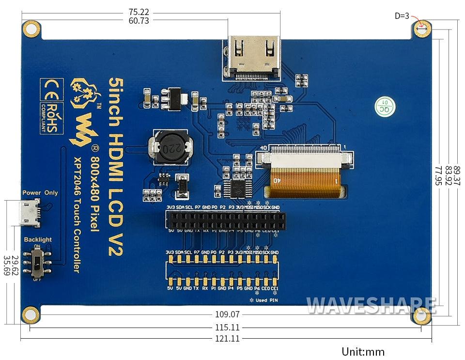 5inch Resistive Touch Screen LCD, 800×480, HDMI, Low Power