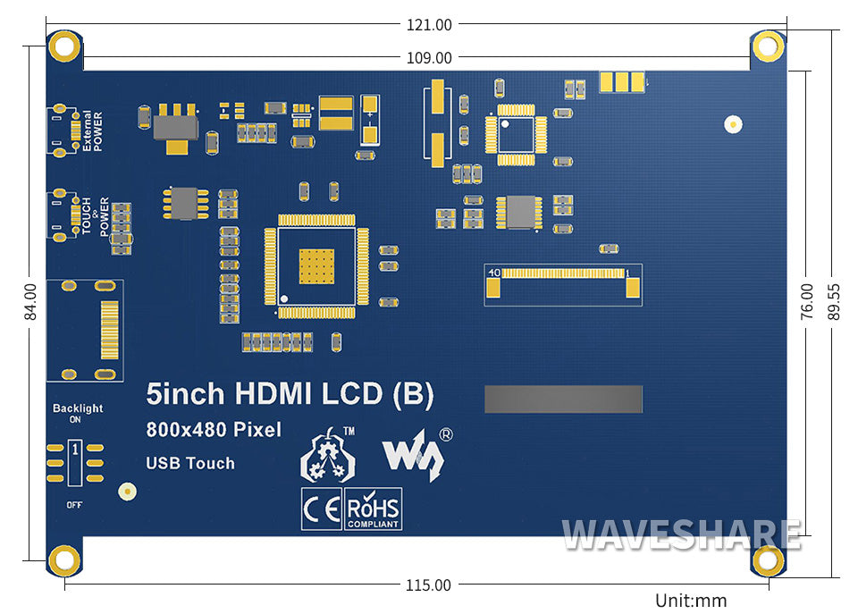 5inch Resistive Touch Screen LCD (B), 800×480, HDMI, Low Power Consumption