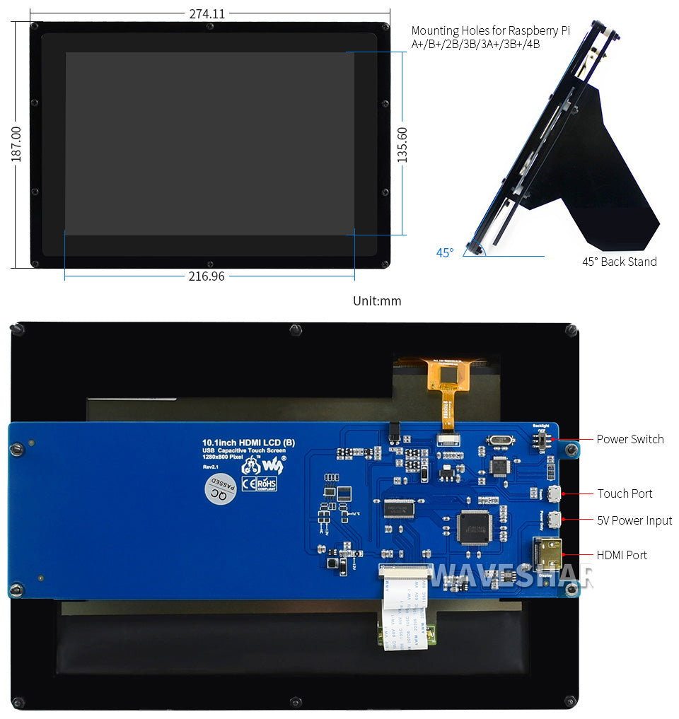 10.1inch Capacitive Touch Screen LCD (B) with Case, 1280×800, HDMI, IPS Screen, Low Power