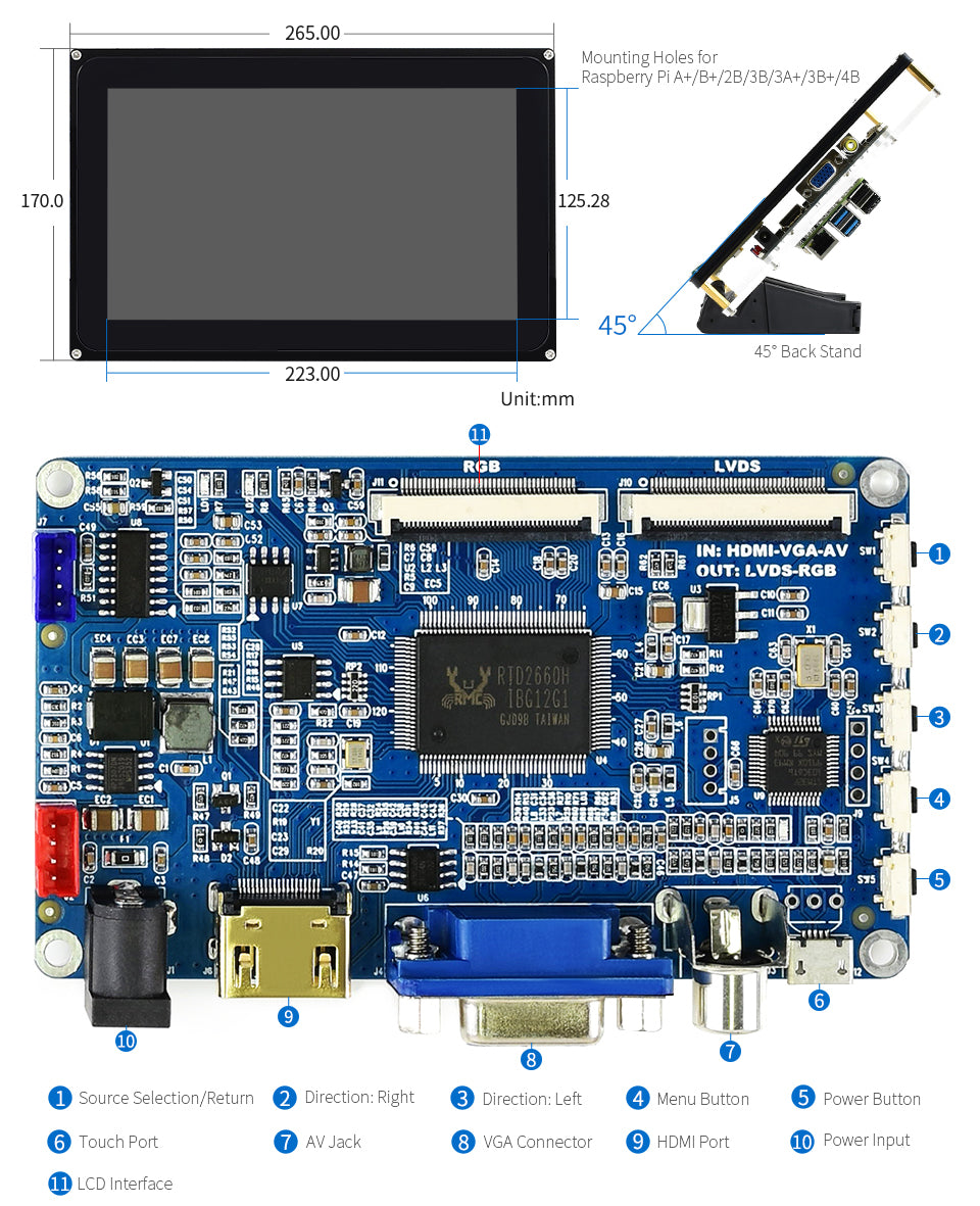 10.1inch Capacitive Touch Screen LCD (H) with Case, 1024×600, HDMI, Various Systems Support